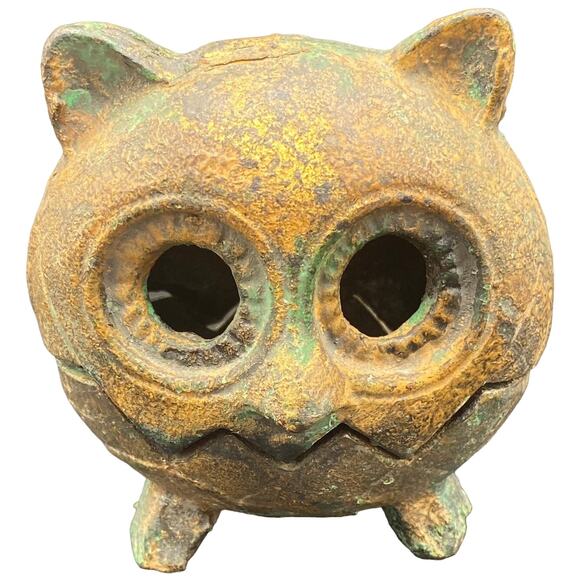 1960s Vintage Japanese Cast Gold Gilt Iron Owl Candle Incense Holder - Picture 1 of 5